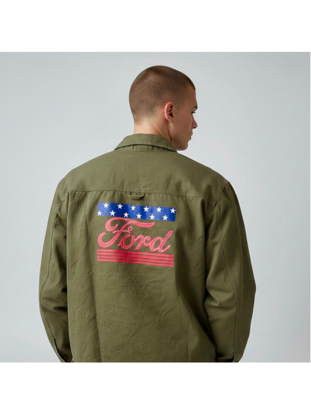 Size L Ford Olive Military Green Lightweight Cotton Collar Shirt Jacket Unisex